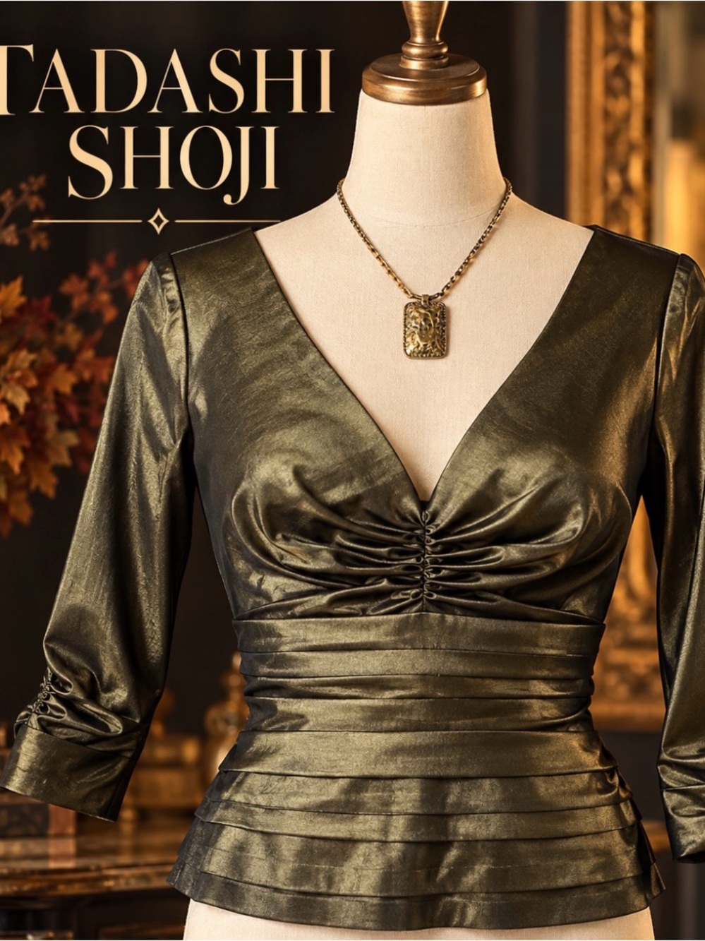 Tadashi Shoji - Shimmering Metallic olive ruched top